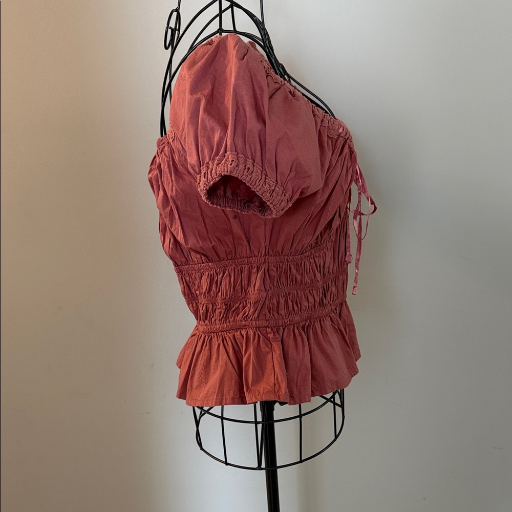 Elegant Puff Sleeve Peplum Blouse - Terracotta - Picture 4 of 6